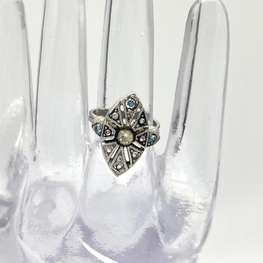 Vintage Sara Coventry Marquise Ring Blue Stone Silver Tone Ring Adjustable‎